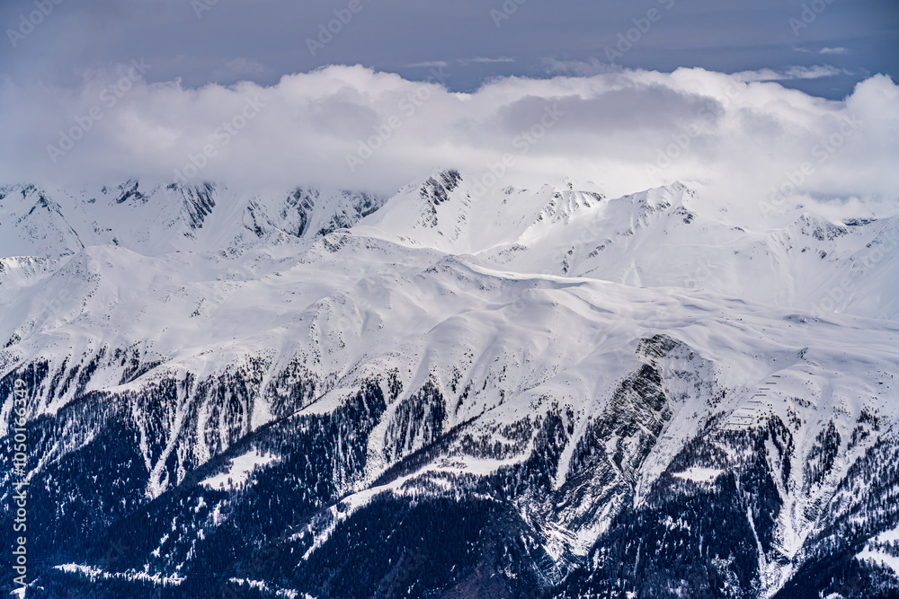 View on winter mpuntains from Eggishorn peak, Alps.