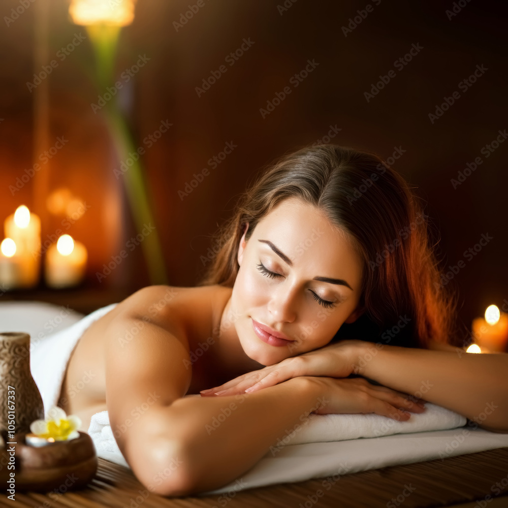 Naklejka premium Beautiful woman enjoying relaxation atmosphere during full body massage at spa, room decorated with candles