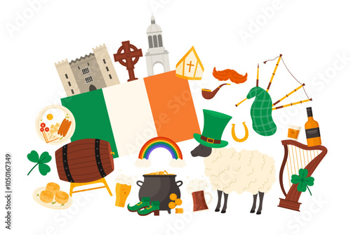 Travel to Ireland, Irish culture elements and famous Saint Patrick Day items, landmarks in infographic collage. Ashford Castle, hat and shoes, leprechauns pot of gold cartoon vector illustration