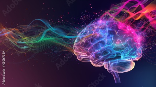 An abstract depiction of the human brain with colorful, flowing neural connections and highlighted regions, set against a dark