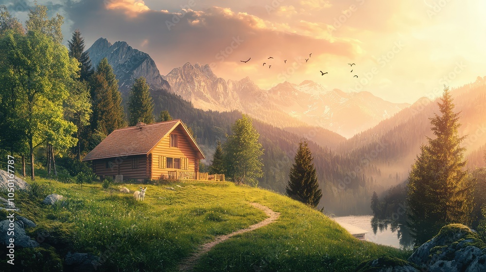 Cozy Cabin Amidst Majestic Mountain Landscape Cozy Cabin Amidst Majestic Mountain Landscape