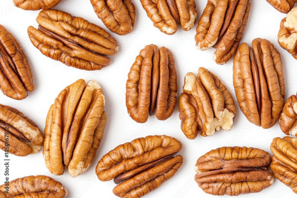 A collection of pecans is elegantly displayed on a bright white background, highlighting their rich color and texture, perfect for culinary use or as a healthy snack option. A collection of pecans is elegantly displayed on a bright white background, highlighting their rich color and texture, perfect for culinary use or as a healthy snack option.