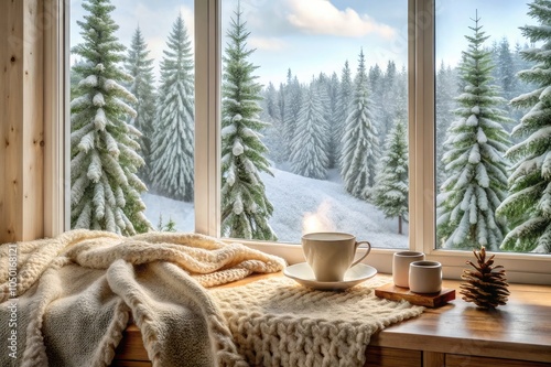 {Cozy Winter Room with Blanket, Hot Cocoa, and Snowy Forest View}: A warm, inviting room scene with a cozy blanket, hot cocoa on a table, and a wide window showing a beautiful snowy pine forest.