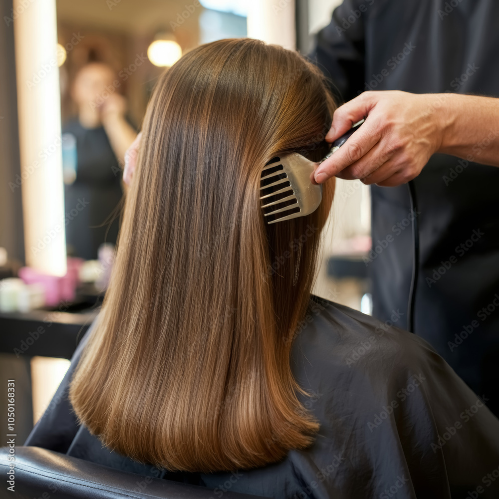 Fototapeta premium Hair Treatment Long Hair Rear View Woman Hair Salon, perfectly smooth, long hair, high-end hair care treatment