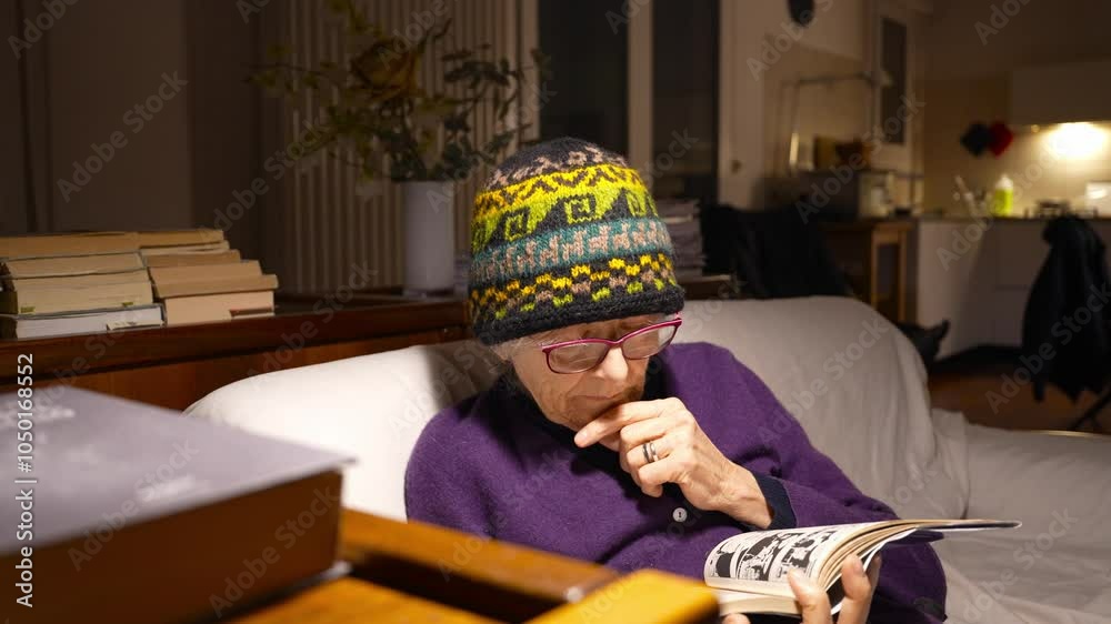 Retired old woman reding a comic strip seated on couch with wool cap_2.MOV Retired old woman reding a comic strip seated on couch with wool cap_2.MOV