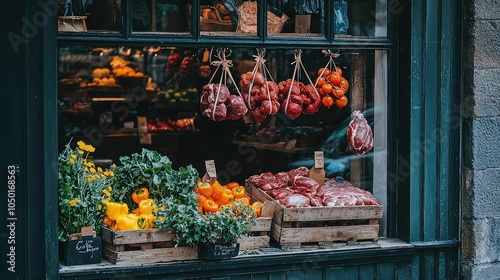 Butcher Shop Window with Fresh Produce Display