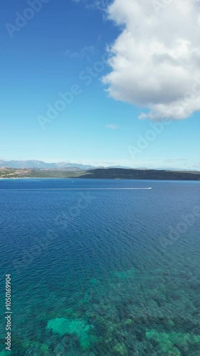 Beautiful view of Greek beach with drone shot of bird's-eye view on clear blue beach with shore covered in greenery. Vertical drone shot