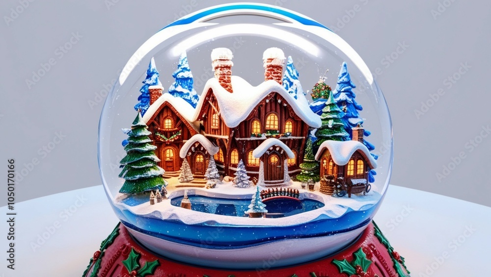 Fototapeta premium Christmas snow globe, cozy village scene, isolated on white background, watercolor style