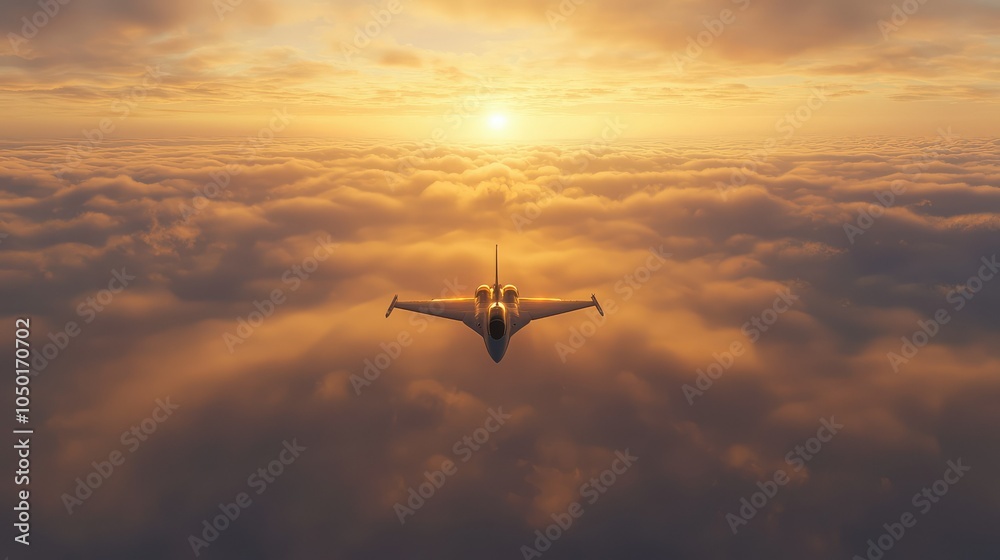 Naklejka premium Majestic Fighter Jet Above Serene Clouds at Sunrise