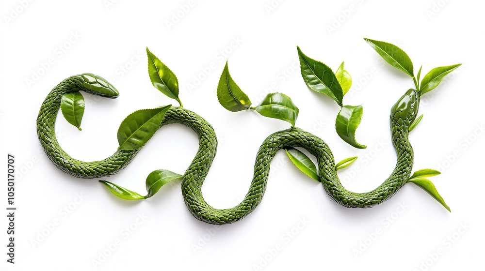 Obraz premium Creative Arrangement of Fresh Green Tea Leaves Forming a Three-Dimensional Snake Shape, Symbolizing Nature's Beauty and the Essence of Tea Culture