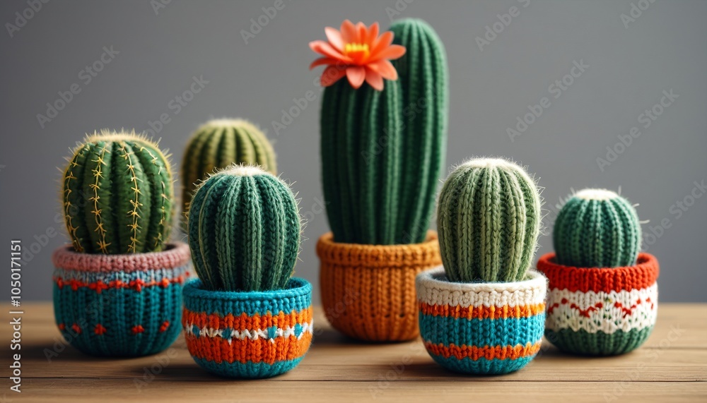 A charming knitted cactus arrangement in unique pots, bringing a playful and low-maintenance touch of greenery into home decor, Generative AI A charming knitted cactus arrangement in unique pots, bringing a playful and low-maintenance touch of greenery into home decor, Generative AI