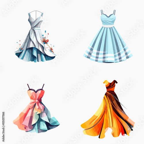 collection of four dresses, each with a different color and style. The dresses are all flowing and have a feminine, elegant look to them
