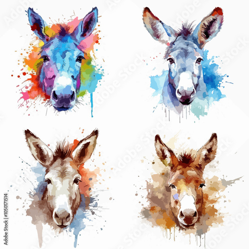 Four different donkey faces with colorful paint splatters. The faces are all different colors and sizes