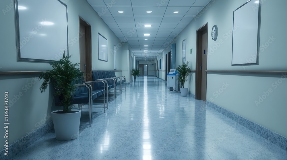 Obraz premium Empty hospital corridor with tiled floor, benches, plants, and blank frames on the wall.