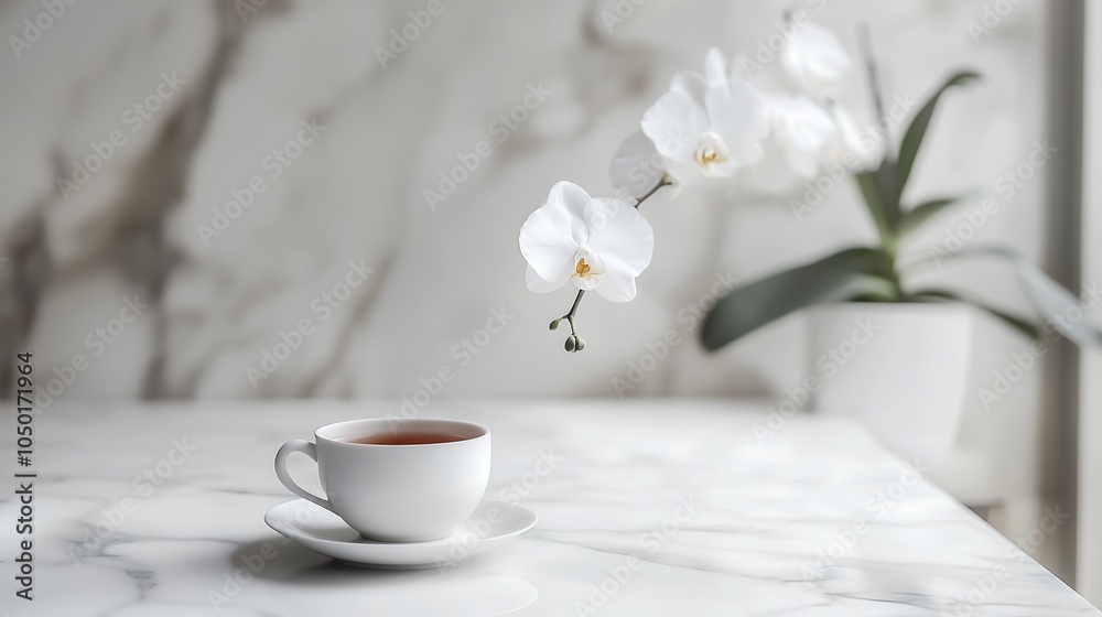 Chinese black tea marble modern table top countertop orchid flower decoration, minimalist presentation, ceramic cup, white marble background Chinese black tea marble modern table top countertop orchid flower decoration, minimalist presentation, ceramic cup, white marble background