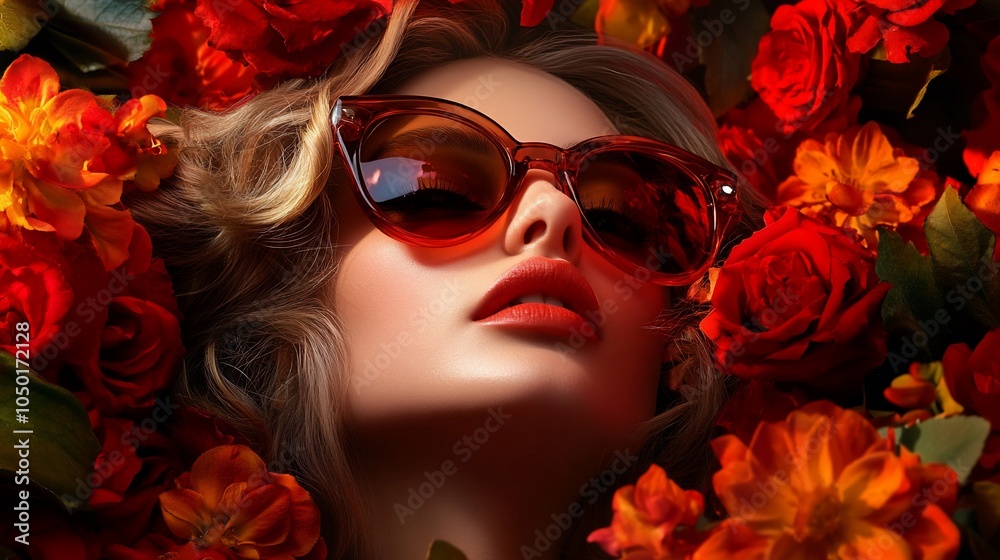Fototapeta premium A beautiful woman with blonde hair wears stylish sunglasses and is surrounded by red flowers.