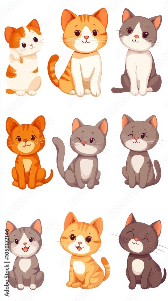 Cute Illustrated Cat Characters - Various Breeds in Playful Poses Cute Illustrated Cat Characters - Various Breeds in Playful Poses