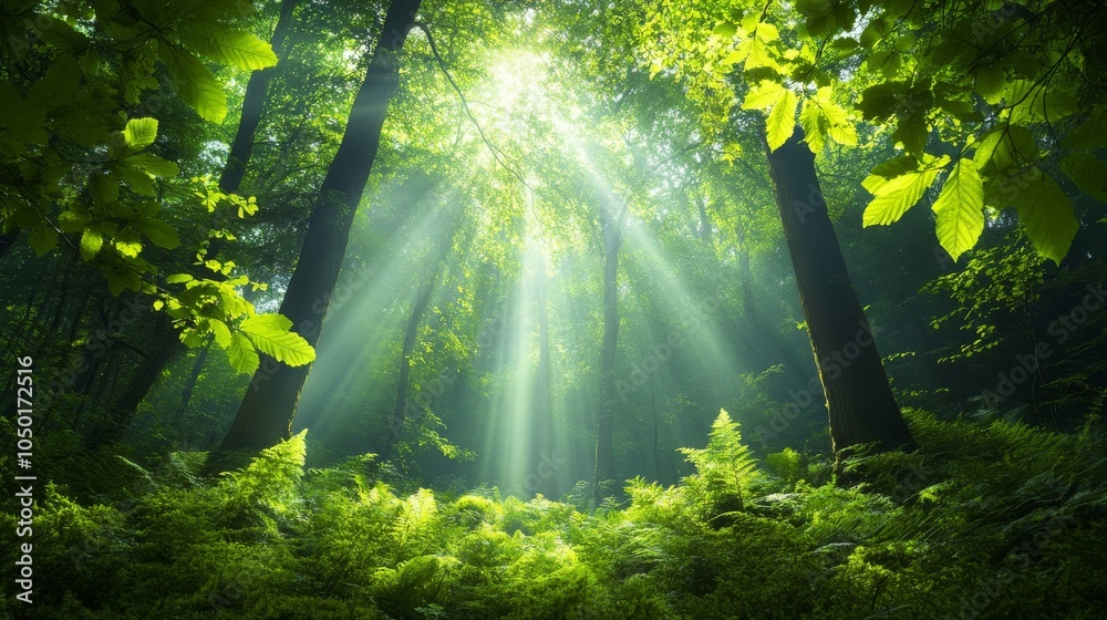 Fototapeta premium Sunlight filtering through a lush green forest canopy