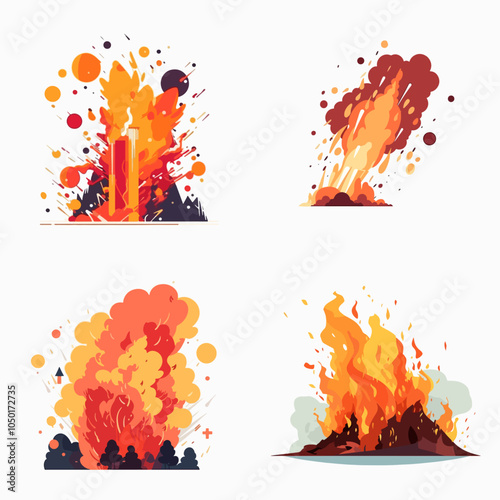 fire explosions with one of them having a person in the foreground. The other three are just flames