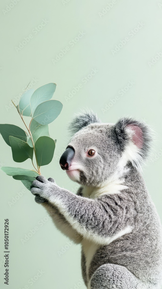 Fototapeta premium Adorable Koala Holding Eucalyptus Leaves on a Soft Green Background