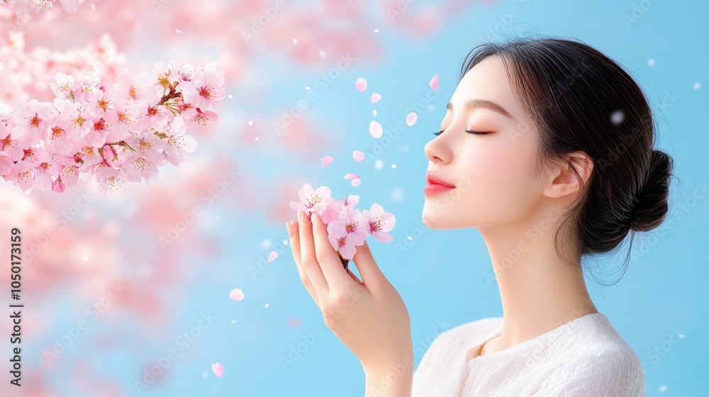 Woman enjoying the beauty of cherry blossoms in spring Woman enjoying the beauty of cherry blossoms in spring