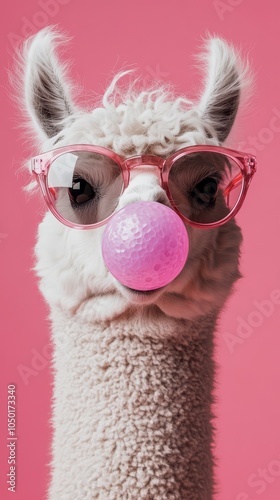 Playful Alpaca with Bubble Gum and Sunglasses photo