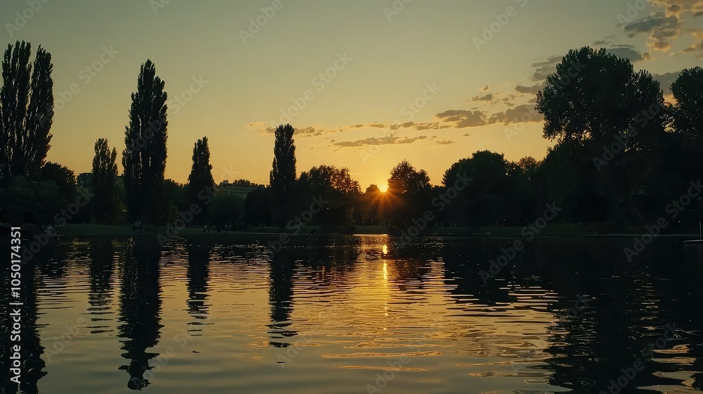 Fototapeta premium Serene Sunset Over Park Lake View