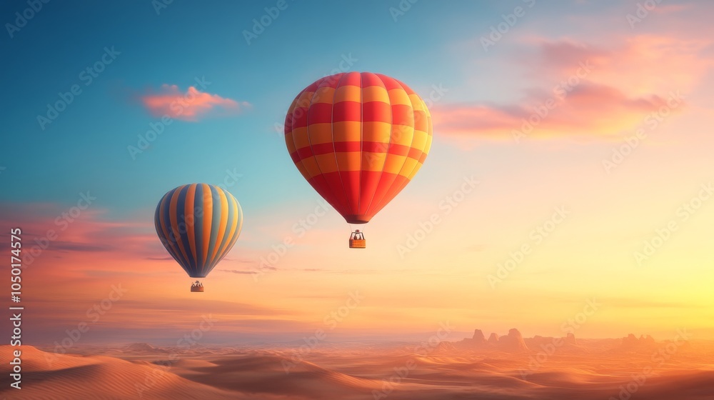 Fototapeta premium Colorful hot air balloons soaring over a desert landscape at sunset