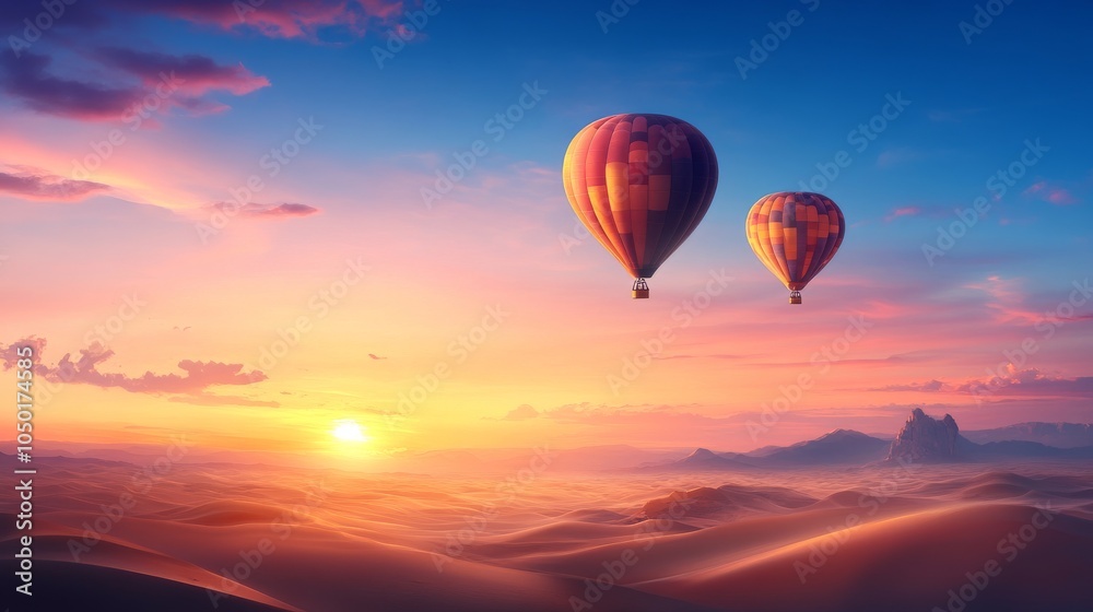 Obraz premium Hot air balloons soaring over a vibrant desert sunset