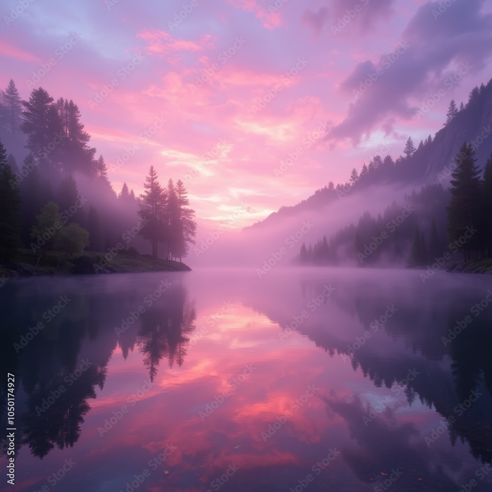 Serene lake at dawn with vibrant pink and purple reflections in the water Serene lake at dawn with vibrant pink and purple reflections in the water