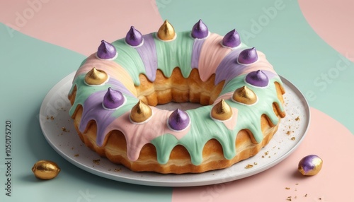 Colorful glazed bundt cake with chocolate accents on a decorated plate against a pastel background photo