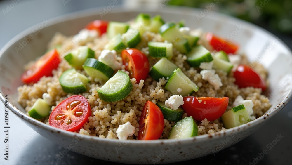 Fresh quinoa salad with cucumber cherry tomatoes feta cheese and vinaigrette