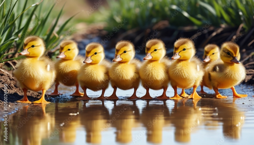 Charming ducklings walking in a row beside a shallow water puddle on a sunny day Charming ducklings walking in a row beside a shallow water puddle on a sunny day
