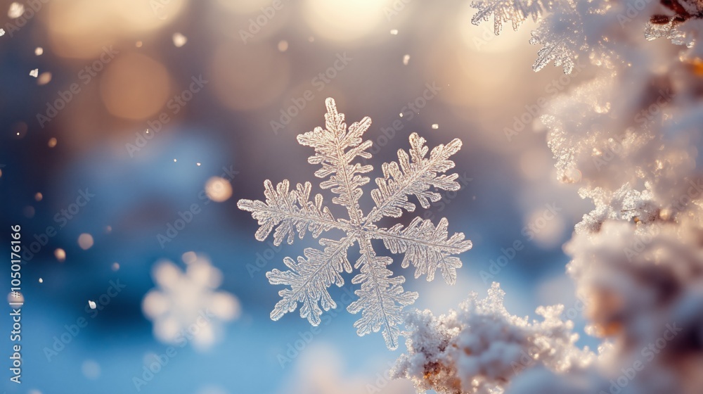 Delicate snowflakes gather on branches during a serene winter evening Delicate snowflakes gather on branches during a serene winter evening