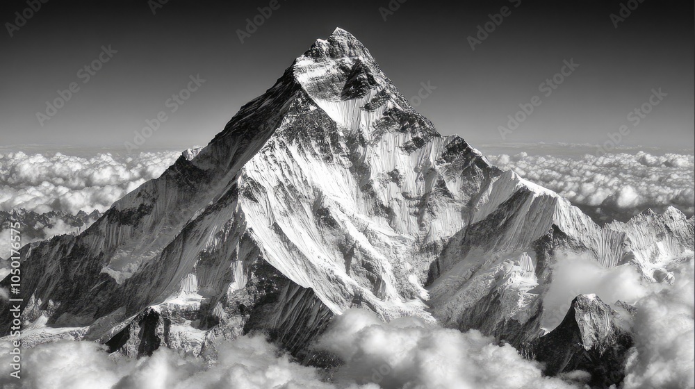 Obraz premium Majestic Mountain Peak Above Clouds in Monochrome Style