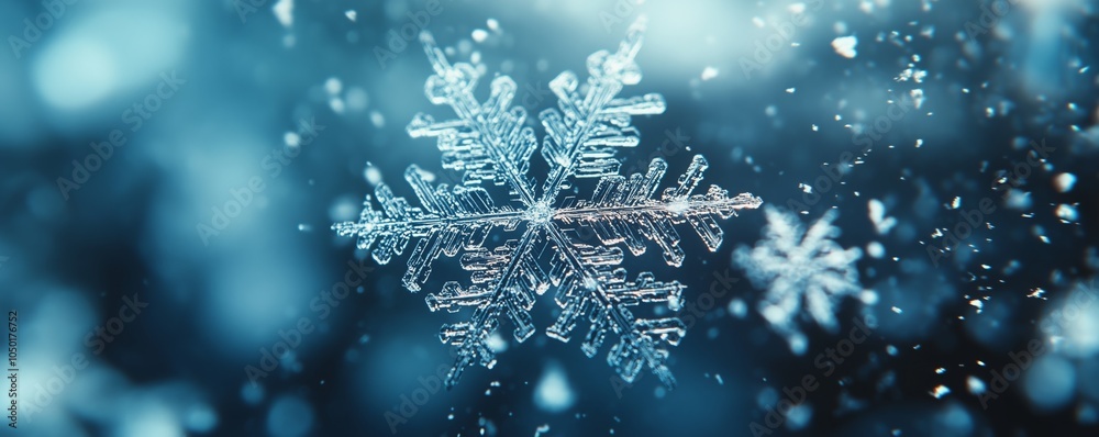 Fototapeta premium Delicate snowflakes sparkle as they settle softly on a frosty surface, showcasing winter's beauty
