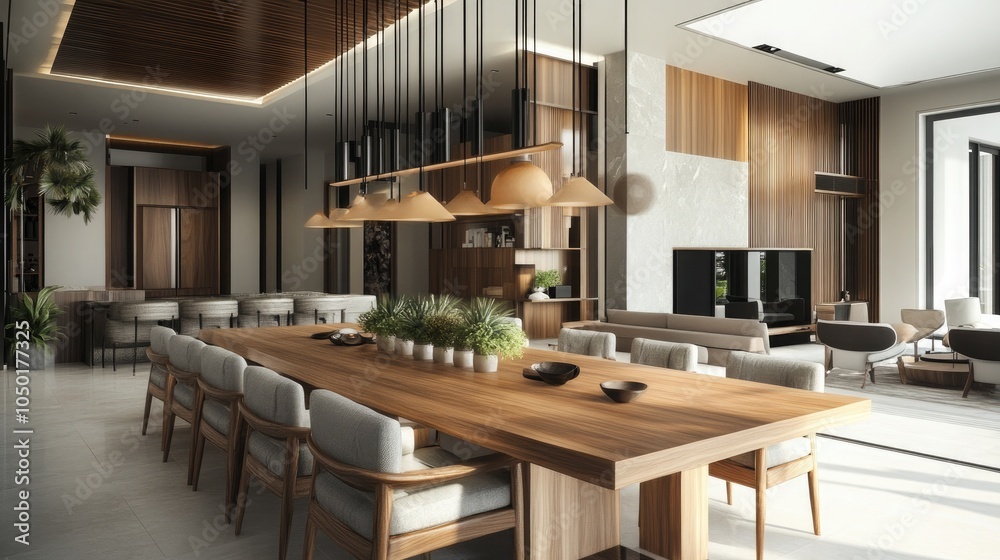 A sophisticated and elegant dining room with a large wooden table A sophisticated and elegant dining room with a large wooden table