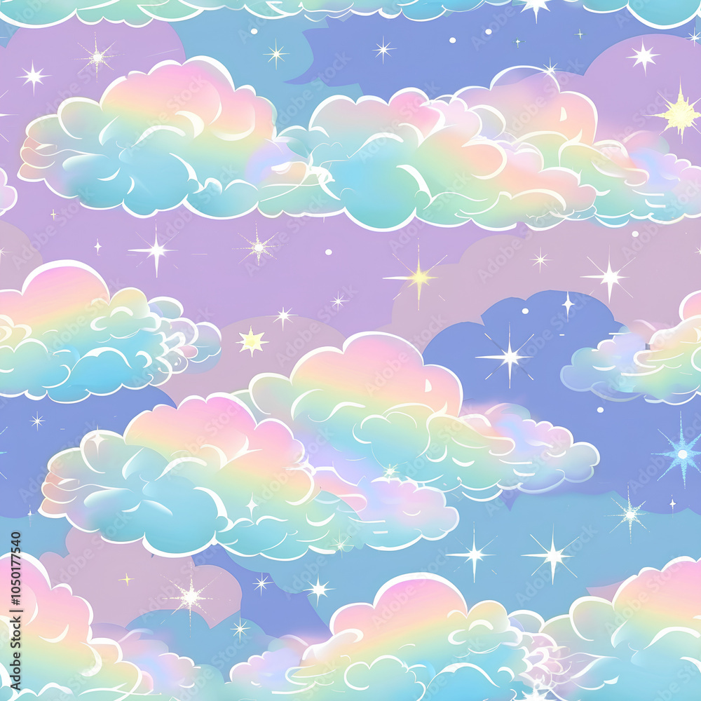 Obraz premium Pastel clouds with bright colors under a night sky with shining stars, seamless design