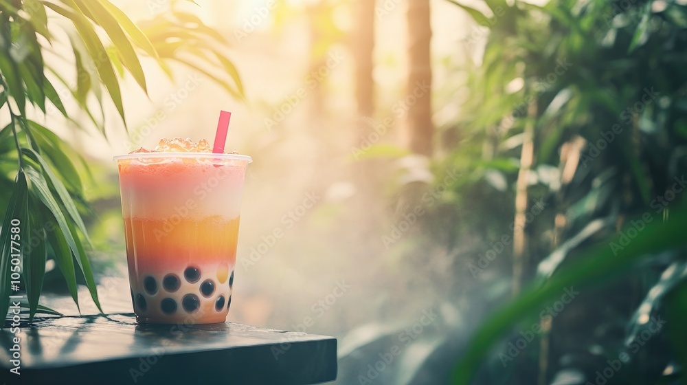 Refreshing Bubble Tea Amid Lush Greenery Refreshing Bubble Tea Amid Lush Greenery