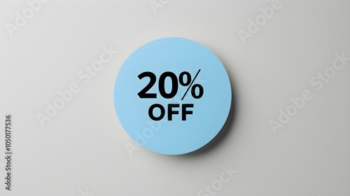 Black '20% OFF' Text on a Blue Round Paper Note. White Background with Copy Space