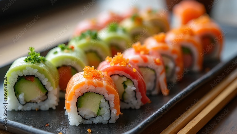 Assorted sushi rolls with avocado tuna cucumber and fish roe on a tray Assorted sushi rolls with avocado tuna cucumber and fish roe on a tray