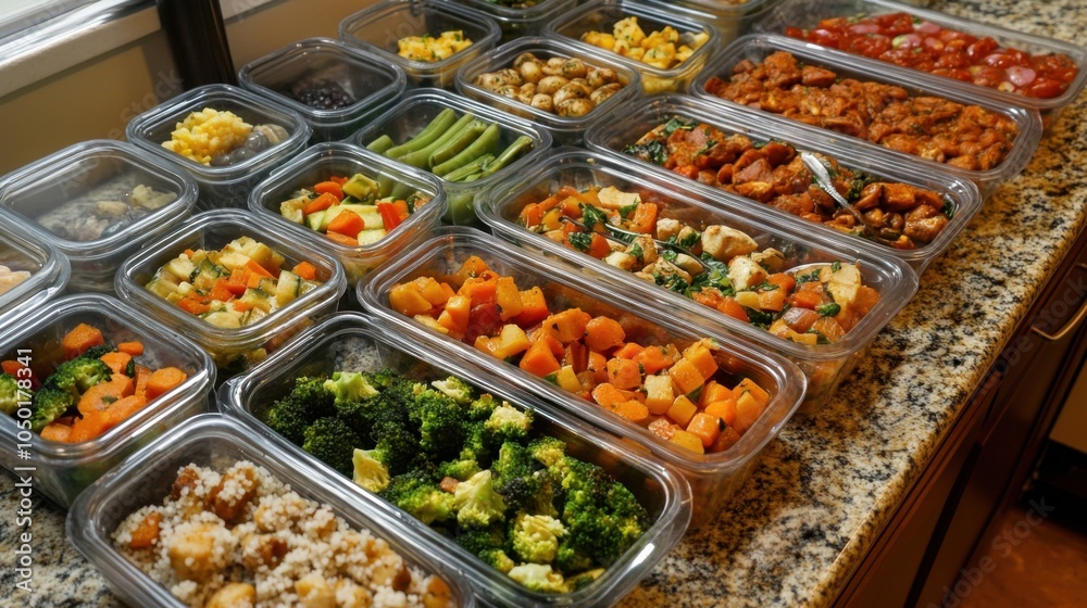 Batch cooking meal prep Tupperware containers filled healthy foods organized week Batch cooking meal prep Tupperware containers filled healthy foods organized week
