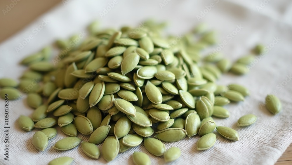Obraz premium Fresh pumpkin seeds on linen cloth natural and textured