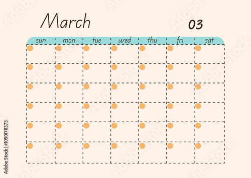 Monthly calendar planner template for March, time menagement concept, minimalist template page, organiser on beige background with office, papers, school