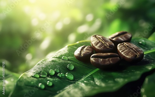 Design a realistic close-up image of gayo coffee beans resting on a green leaf, surrounded by a soft-focus background of coffee plants photo