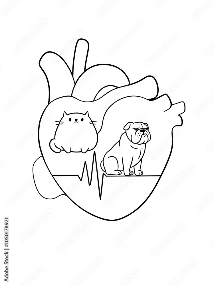 Obraz premium chubby cat and dog love symbol inside the heart. heartbeat, emphasizing the theme of animals love.