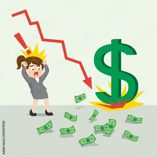 A Businesswoman in Trouble Fall in Value of Money. Money Value Fall. Flat, Vector, Illustration, Cartoon, EPS10.   
