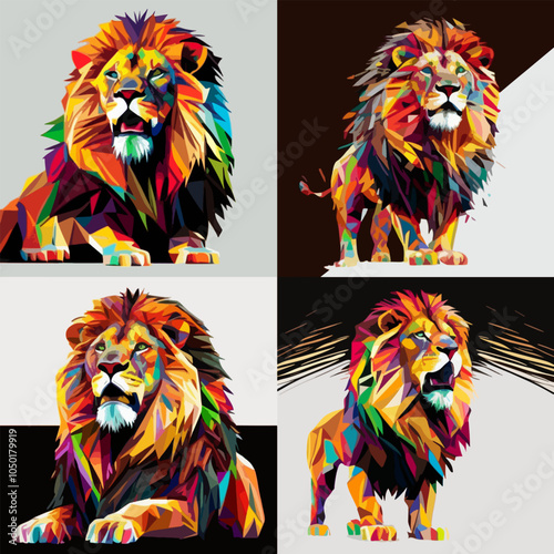 A series of four colorful lion portraits LOW POLY ART
