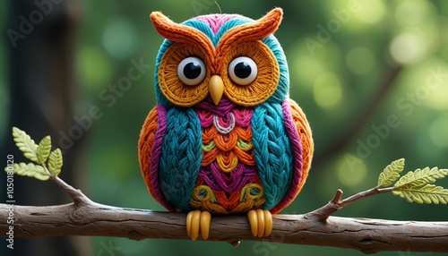 A whimsical yarn owl perched on a branch, featuring intricate patterns and vibrant colors, adding a wise touch to decor, Generative AI photo