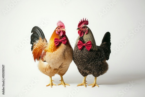 A chicken and rooster standing next to each other, the hen is wearing a red bow tie on a white background